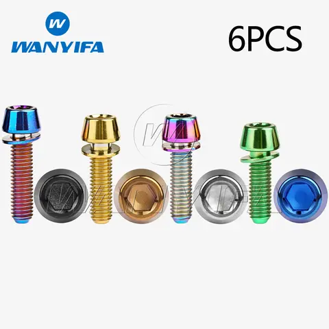 Wanyifa 6Pcs Titanium Ti M5 M6 x 16 18 20 25mm Allen Hex Tapered Head Bolts With Washer Screw For Bicycle Stem