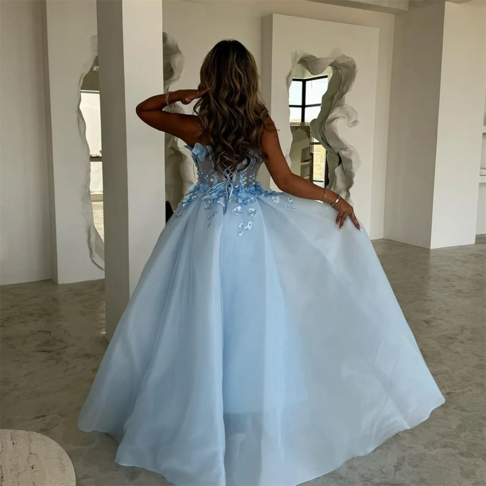 Jessica Light Blue Wedding Dress 3D Applique Organza Arabian Ladies Prom Dresses Off-shoulder A-line Bespoke Occasion Dresses