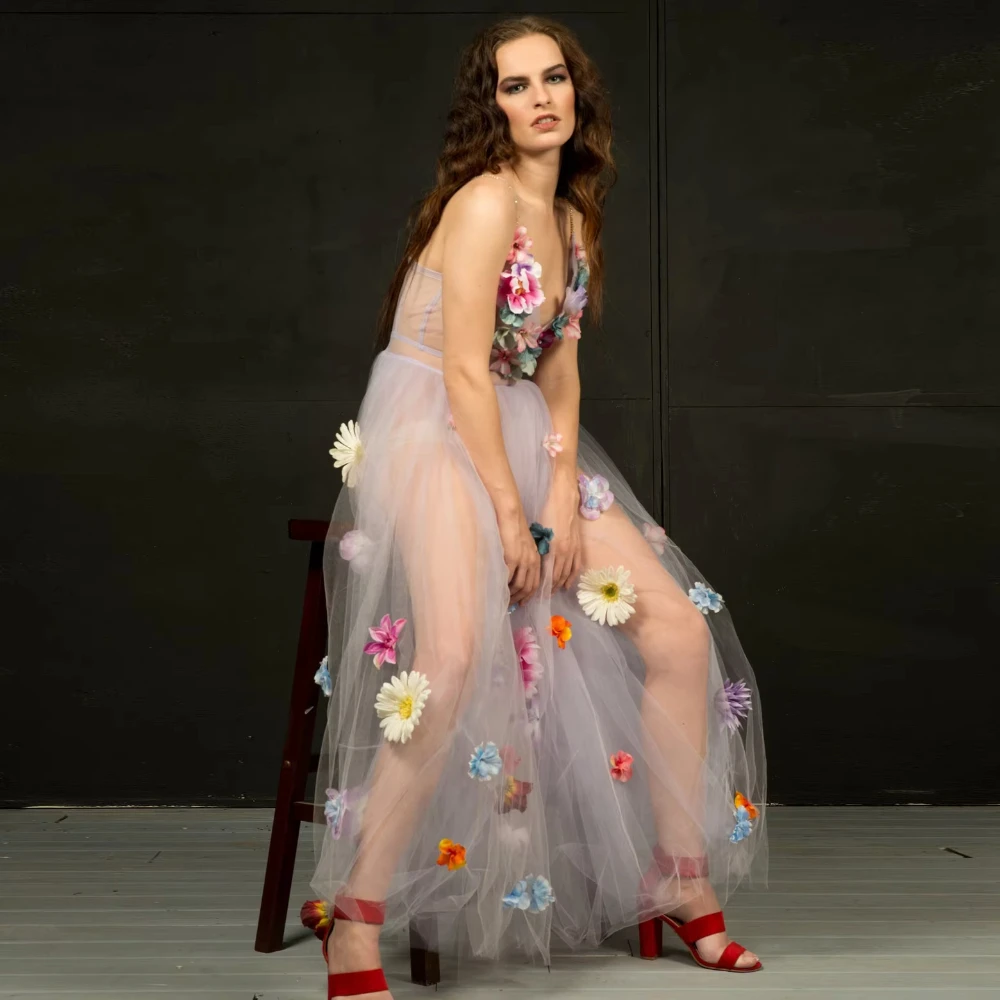 الوهم الزهور فساتين لحضور الحفلات الموسيقية الخامس الرقبة الطبقات تول ألف خط رداء حفلات السباغيتي الأشرطة موضة الخزامى النساء فساتين السهرة