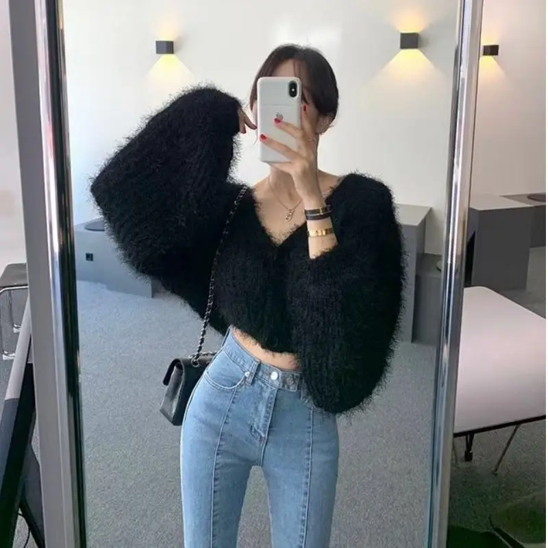 Women Yellow Mink Cashmere Knitted Cardigan V-neck Velvet Mohair Sweater Coat Long-sleeved Wild Plush Single-breasted Crop Tops