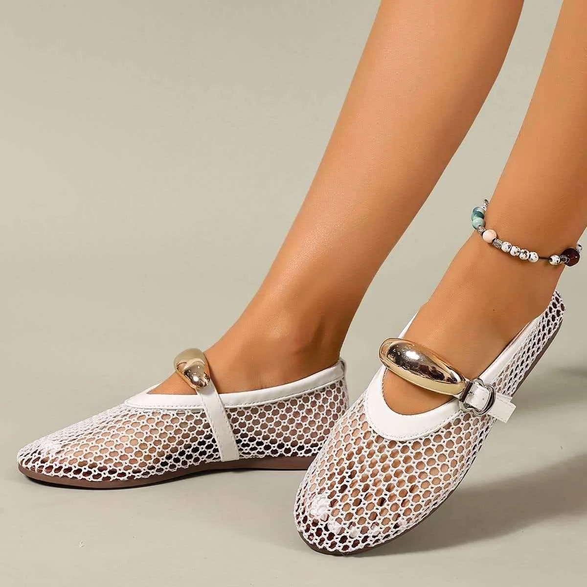 Plus-size Metal Buckle Fishnet Sandals for Women, Summer Hollow-out Soft Sole Breathable Flat Mary Jane Shoes, Best-seller