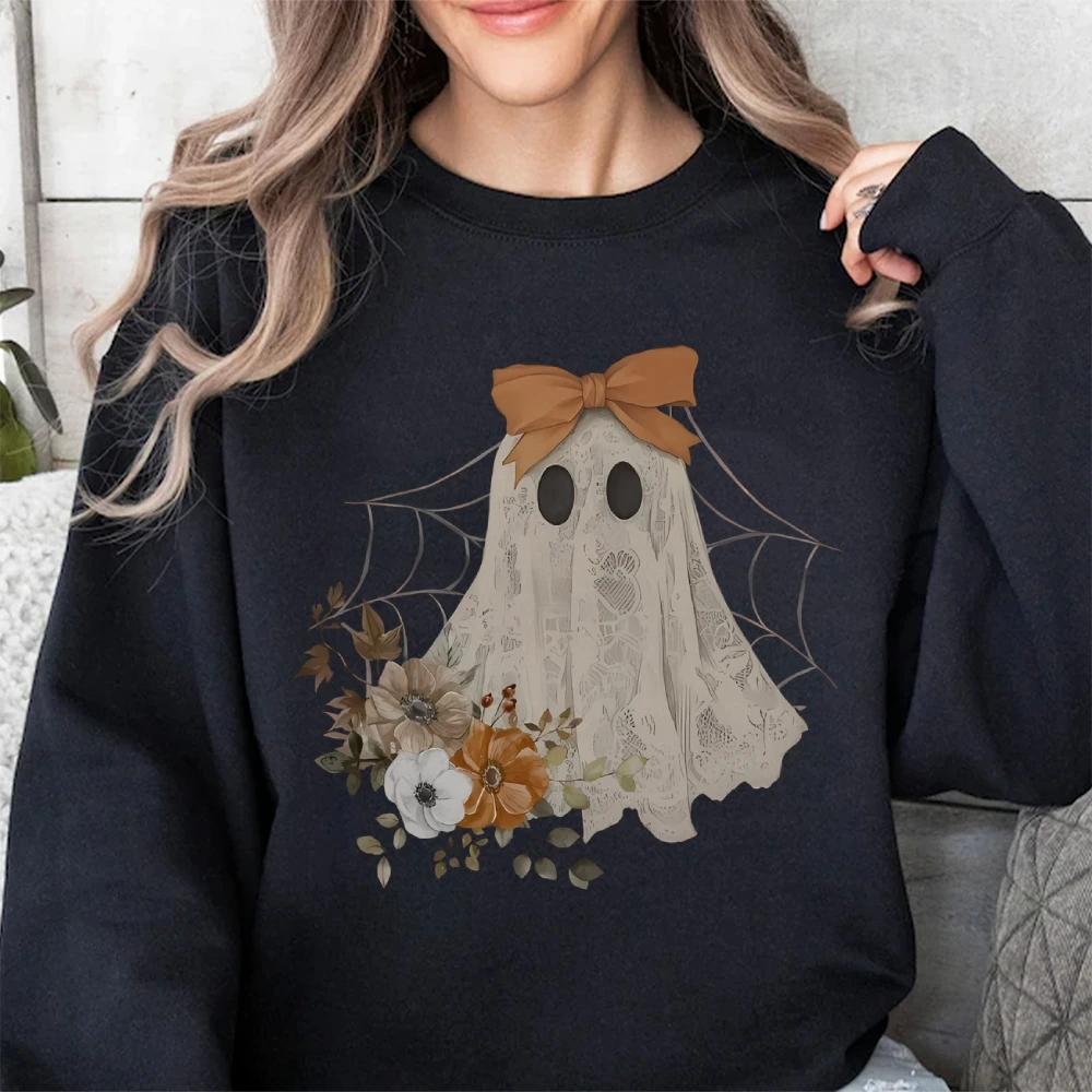 

Halloween Lace Ghost Sweatshirt Ghost Bow Crewneck Coquette Halloween Sweater Women's Spooky Fall Floral Long Sleeved Shirt