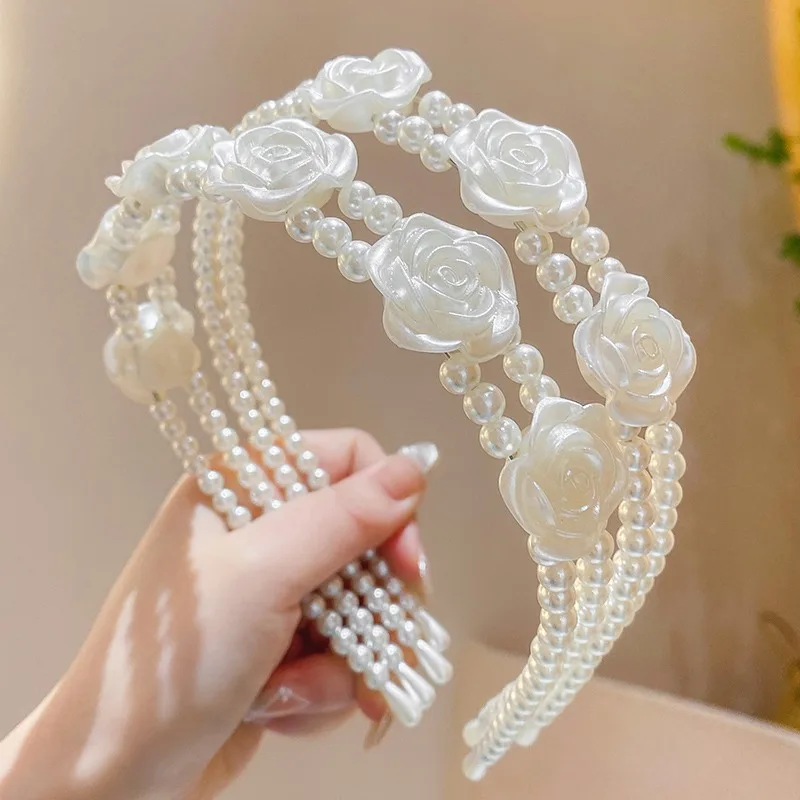 

Двухслойная жемчужная повязка на голову с цветком розы – новая модель в стиле легкой роскоши, высокая корона-диадема для женщин