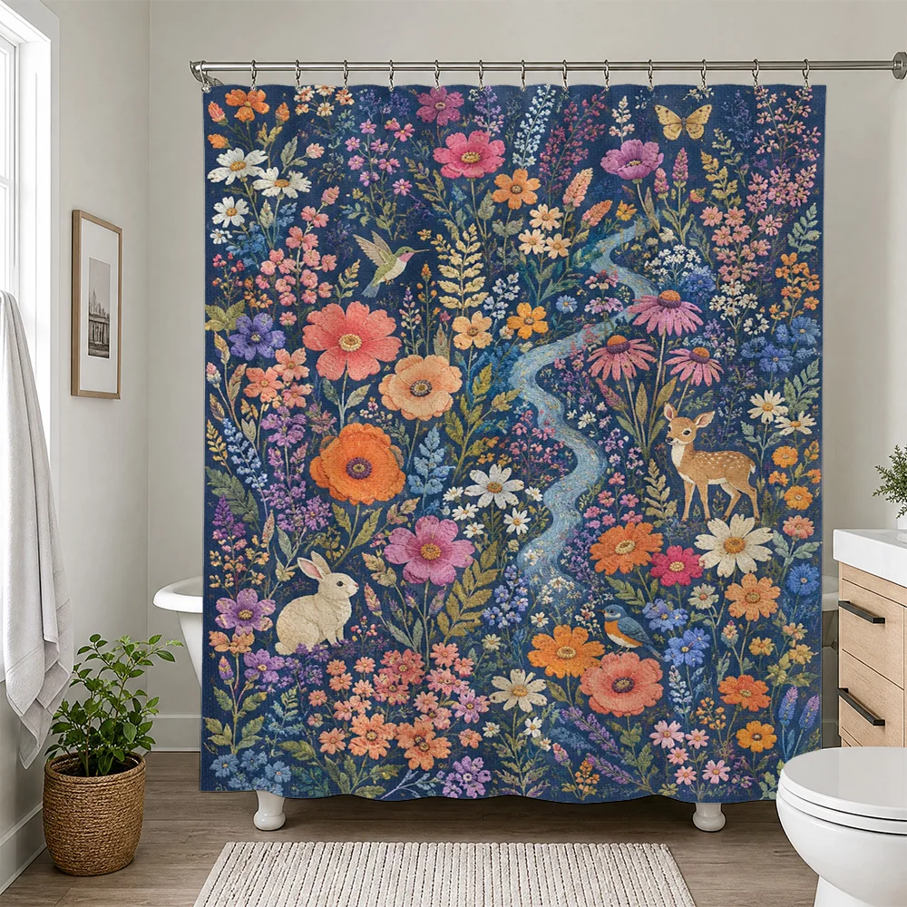 Vibrant Floral Woodland Animals Shower Curtain Bathroom Decor Botanical Nature Print for Master Bath