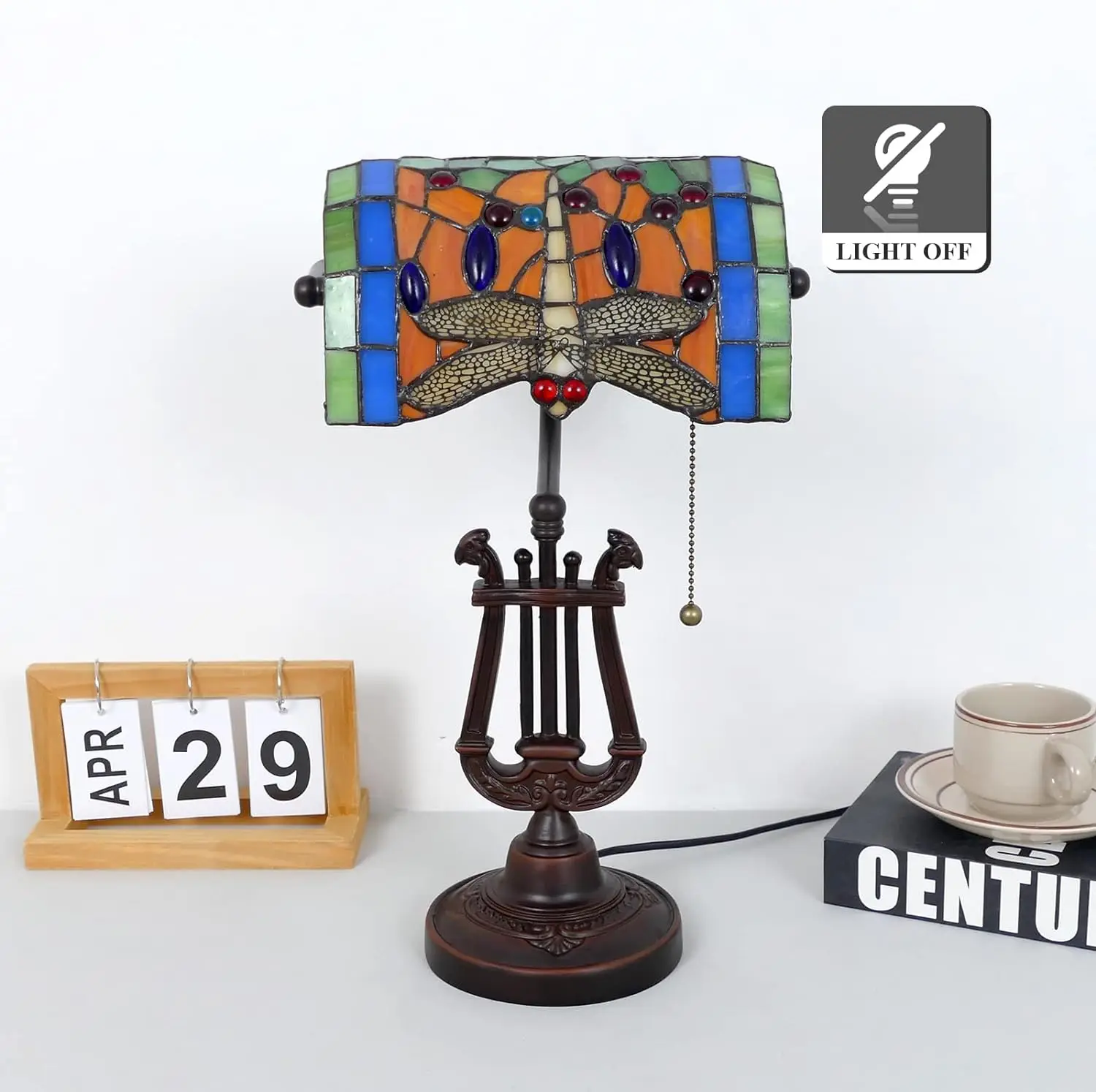 Dragonfly Bankers Antique Stained Glass Banker Table Lamp with Pull Chain, Vintage Desk Lamp for Home Office