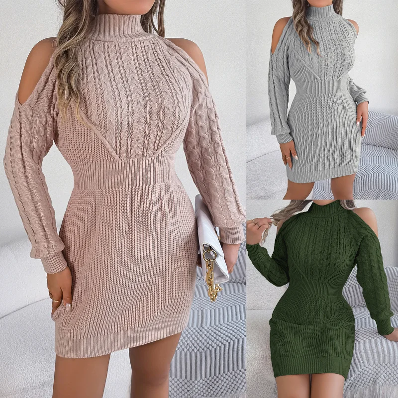 

Woman clothes 2025 Autumn Winter Off Shoulder Semi High Neck Cable Knit Lantern Sleeve Form Fitting Sweater Dress Top