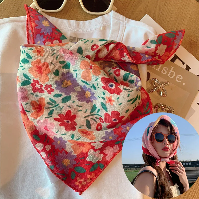 Hot Sale Floral Print Neck Scarf Headscarf Cotton line Square Scarf Headband Neckerchief Tulip Flower Neck Scarf Hair Band Hijab