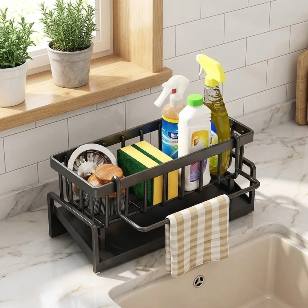 

Настольная полка-органайзер для специй с дренажной решеткой и держателем для полотенец: компактное хранение для кухонной утвари и чистящих средств