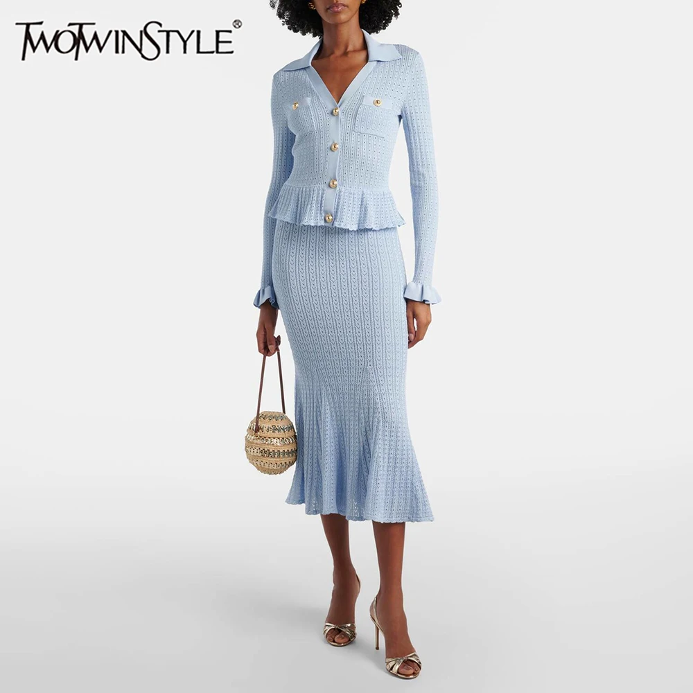 

TWOTWINSTYLE Solid Spliced Pockets Elegant Knit Dresses Foe Women Lapel Long Sleeves High Waist Patchwork Ruffles Dress Female