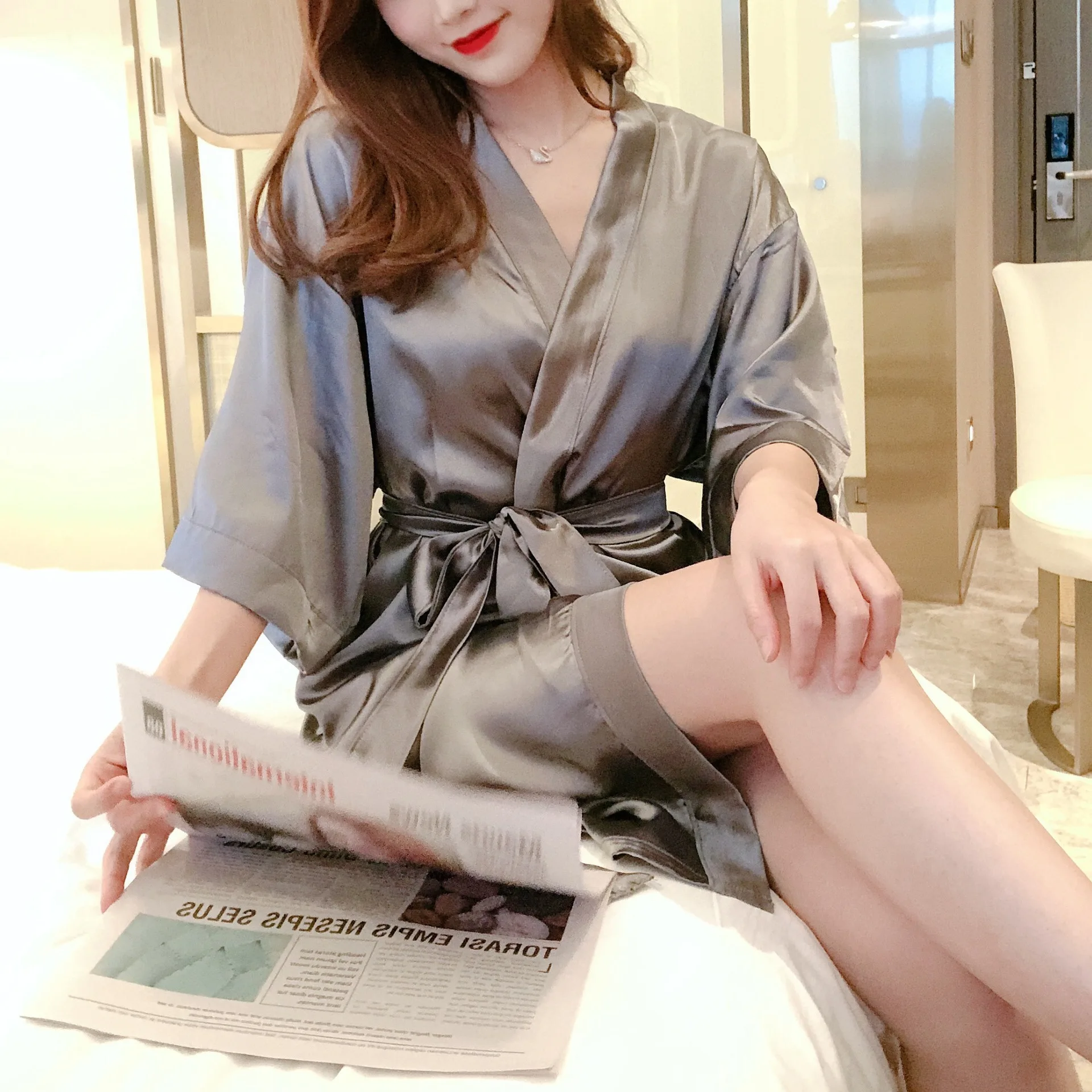 New High-End Style Bathrobe Night Gown Ladies Underwear Ice Silk Soft Silky Smooth Pajamas