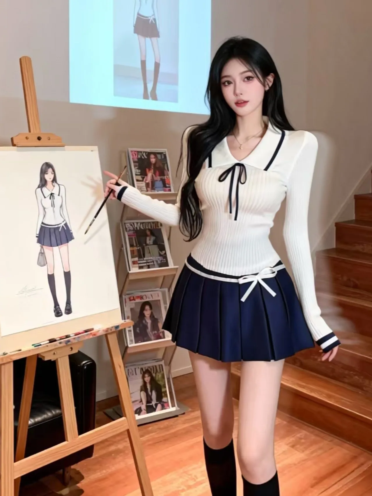 

Korean College Sle Knitted Base irt Women's Slim Fit Design Sense Color Blo Collar Stand up Top Long Sve A-Line Skirt