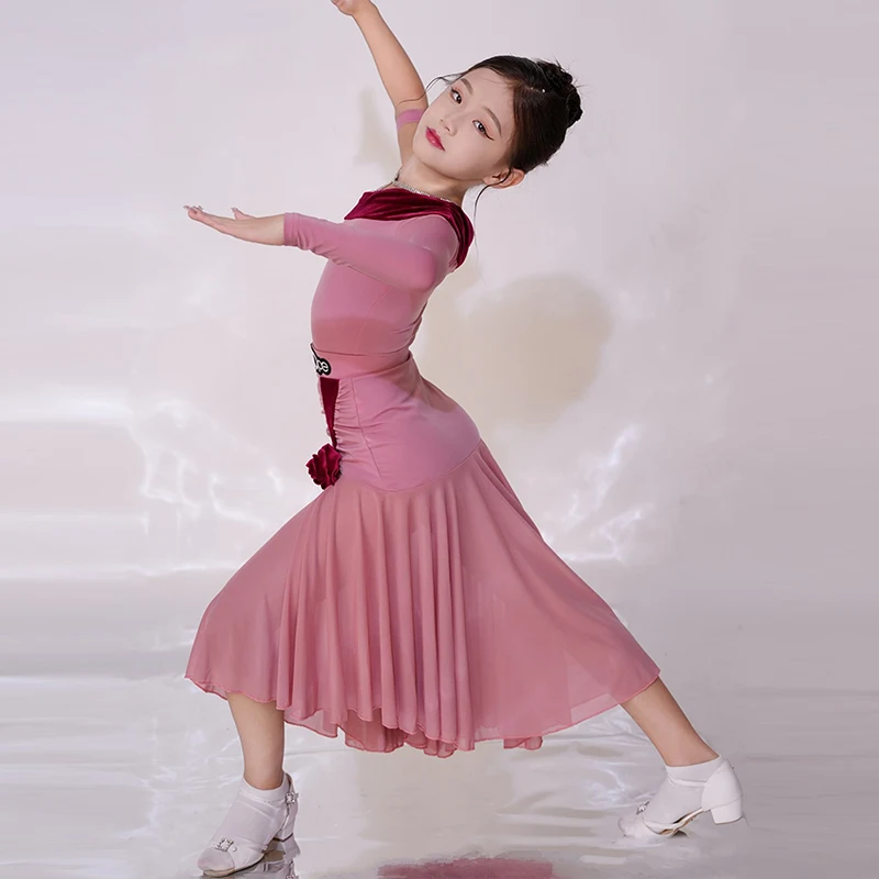 2024 New Children Ballroom Dance Performance Costumes Girl's Pink Slant Collar Tops Lace Skirt Set Latin Training Clothing XH966