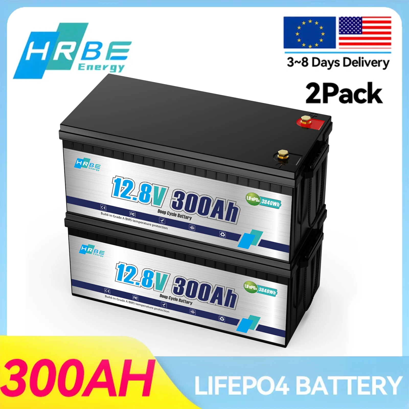 

HRBEEnergy 12V 300Ah LiFePO4 Lithium Battery,8000+ Deep Cycle Lithium Rechargeable Battery Max 3840Wh Energy Great for RV,Marine