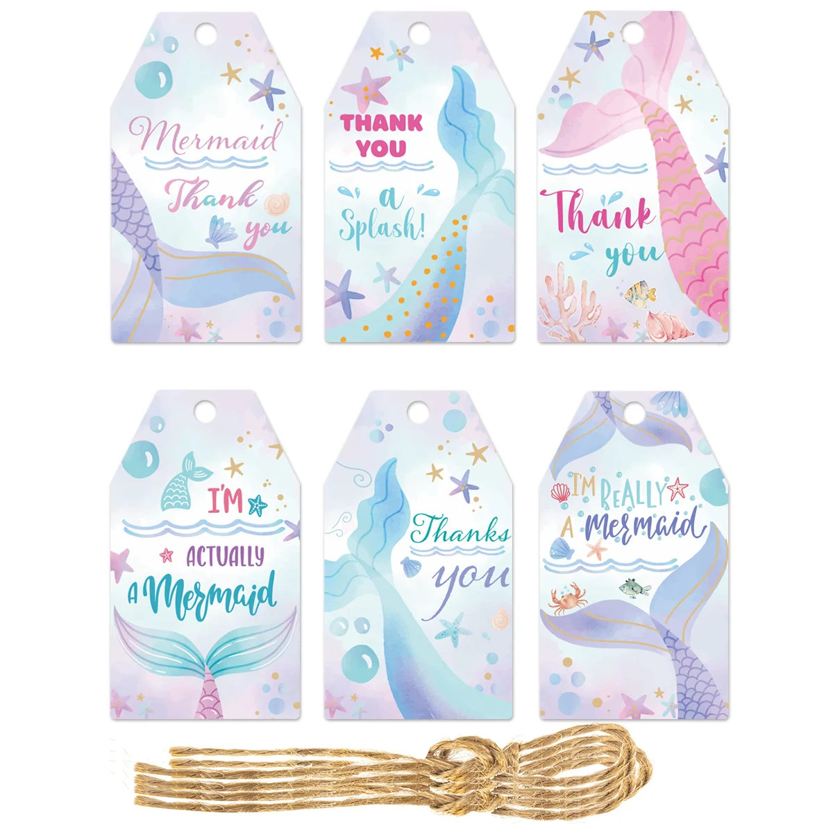 60pcs Mermaid Thank You Tags with Strings Mermaid Hanging Labels Gift Card Girls Under the Sea Themed Birthday Party Decorations