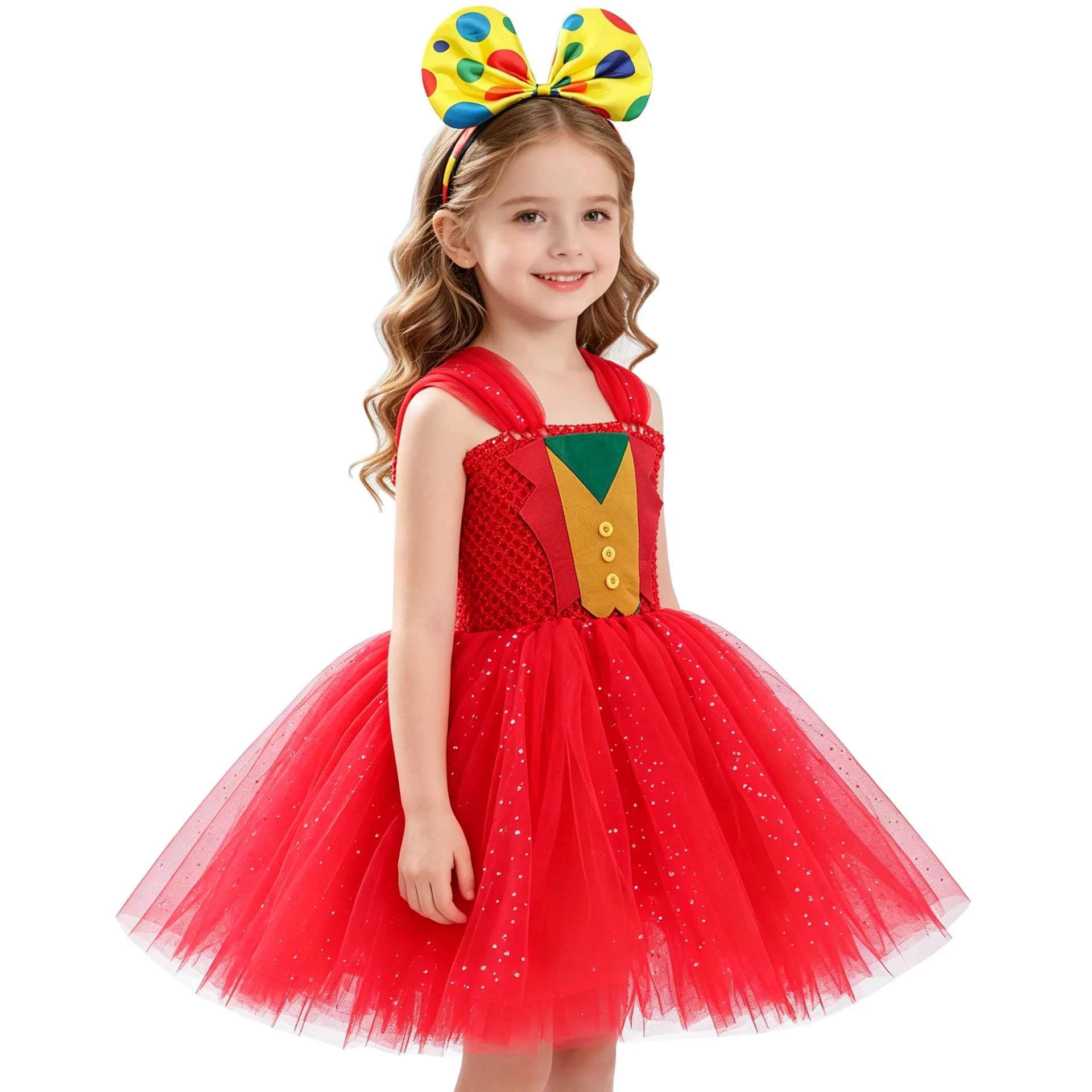 Clown Tutu Dress Circus Print Tulle Kids Girls Halloween Party Stage Performance Show Toddler Child Ruffled Rainbow Cute Sweet