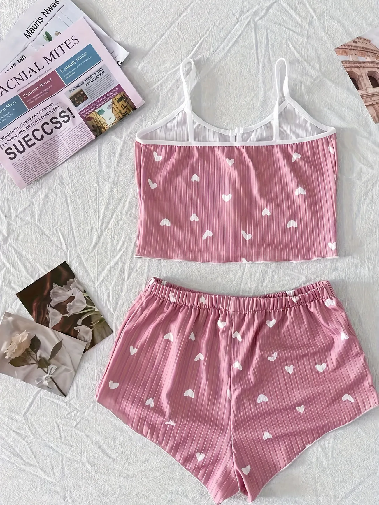 Women Heart Print Ribbed Pajama Set Bow Decor Crop Cami Top and Elastic Shorts Summer Sleepwear Lounge Set 2 Women Heart Print Ribbed Pajama Set Bow Decor Crop Cami Top and Elastic Shorts Summer Sleepwear Lounge Set 2