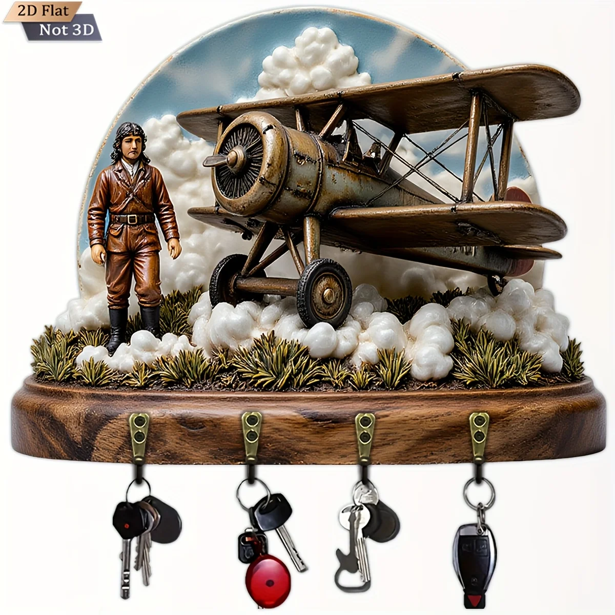 2D Flat, 1pc, Vintage Airplane Pilot Key Hook Wooden Multifunctional Home Key Holder with Four Metal Hooks, Wall Decoration,