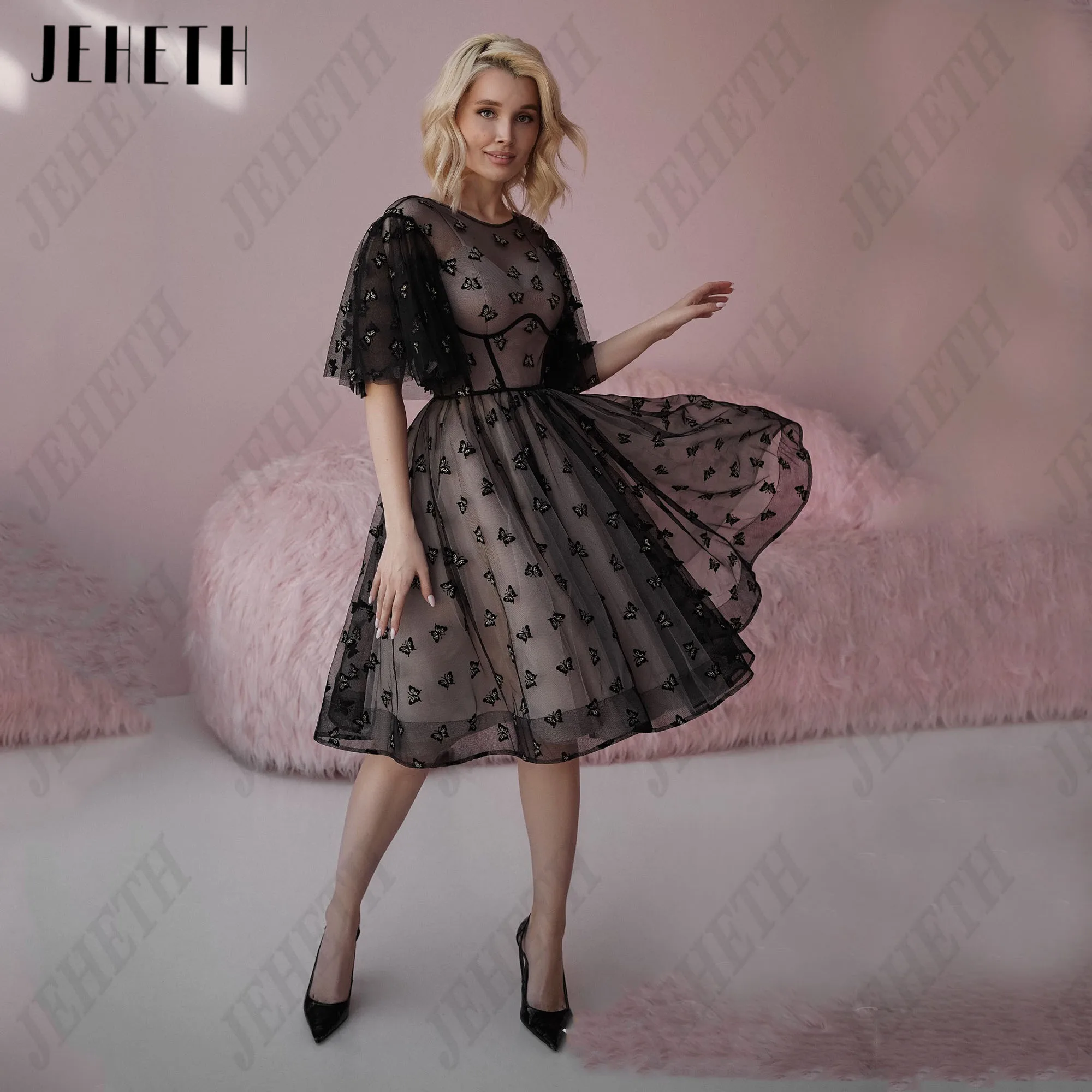 

JEHETH Butterfly Prom Dress For Woman O-Neck Half Sleeves Lace Up Black Tulle Elegant Party Gowns Knee Length Vestidos De Festa