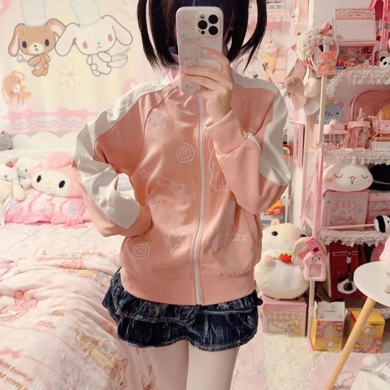 

Cute Girl Anime Sweet Casual Autumn Winter Clothes Girl Print Stand Collar Jacket Student Loose Color Contrast Zip Up Sweatshirt