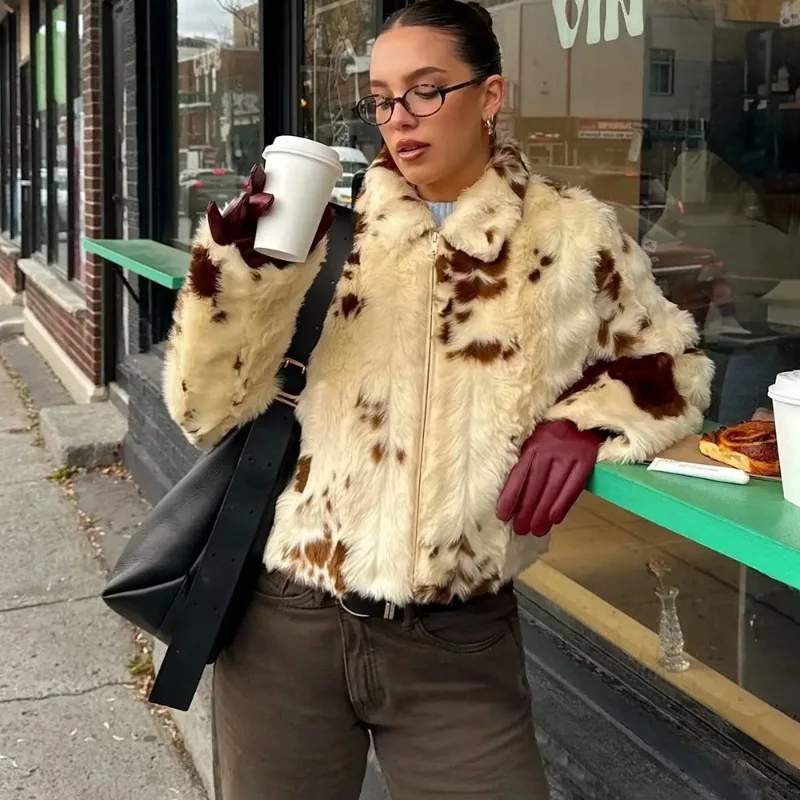 

Tuularose Winter Fur Coat Fashion Contrast Collar Zip-Up Plush Patchwork Coats Casual Oversized Office Lady Chic Women's Outwear