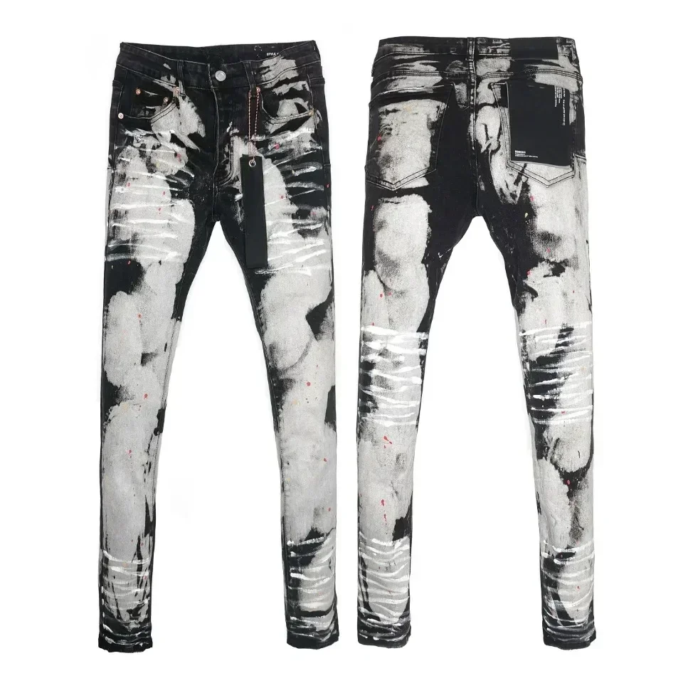 

New Fashion 2024 Purples Jeans Men hipster brand Pants high street heavy crafted splattered ink casual pants straight jeans