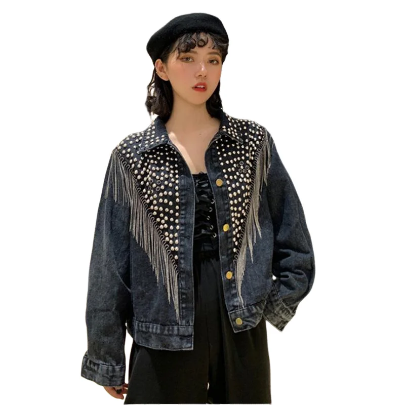 

2022 Spring and Autumn Women's Denim Blue Black Gray Jacket Button Long Sleeves Jean Turn Down Collar Pocket Rivet Tassel