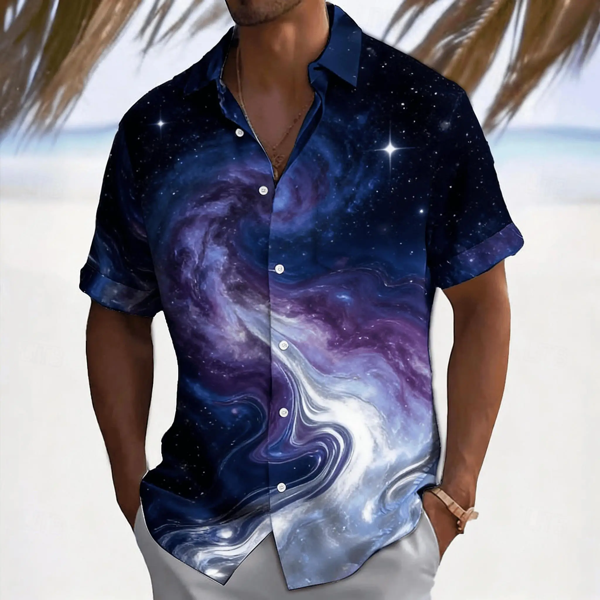 Men's Galaxy Print Short Sleeve Shirt, Swirling Cosmic Fluid Art Design Button Down for Spring Summer Casual