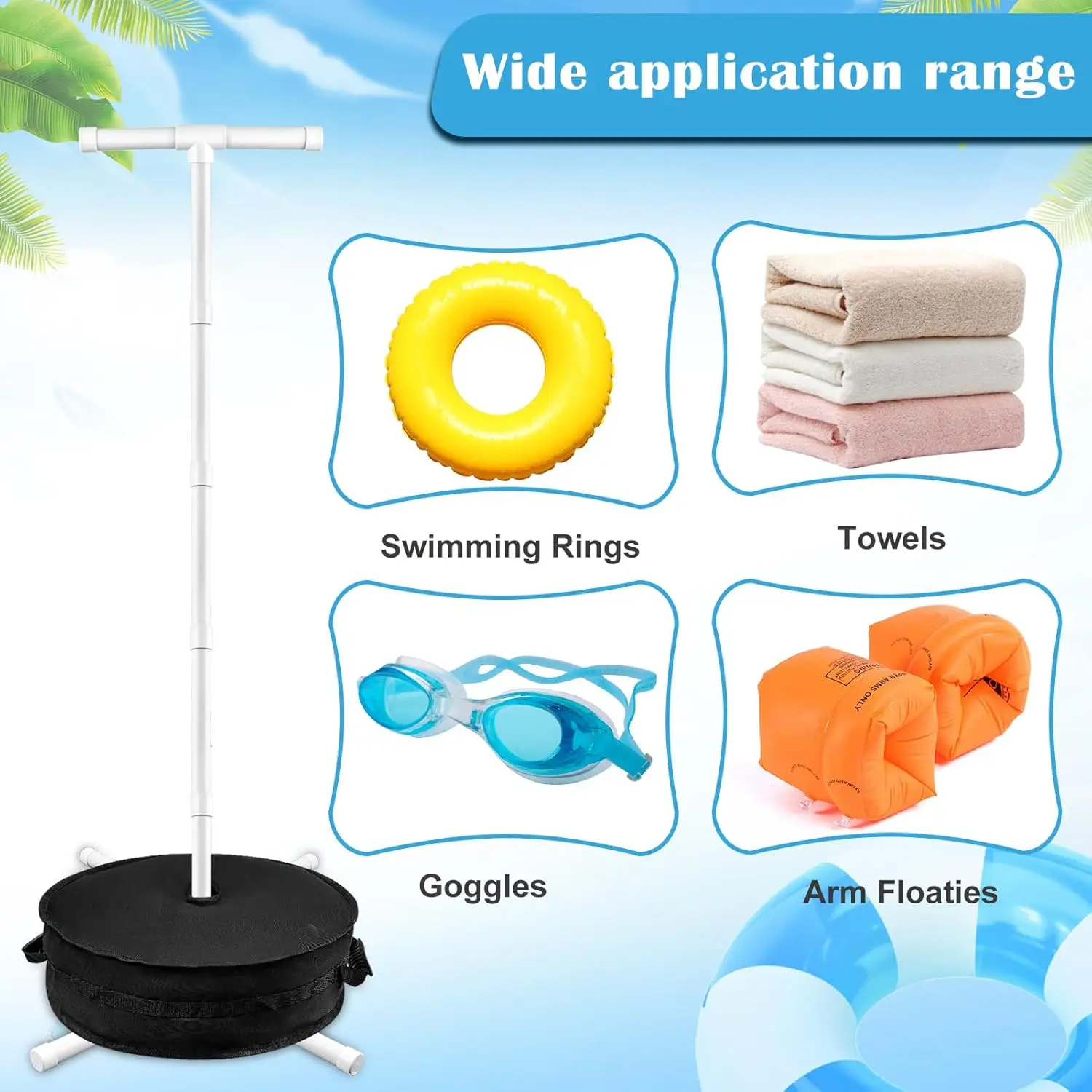 Estante de almacenamiento para flotador de piscina, soporte para flotador de piscina con bolsa de arena, peso de 60 "x 24", estante para anillos de natación de PVC, organizador de almacenamiento de toallas para piscina, 1 ud.