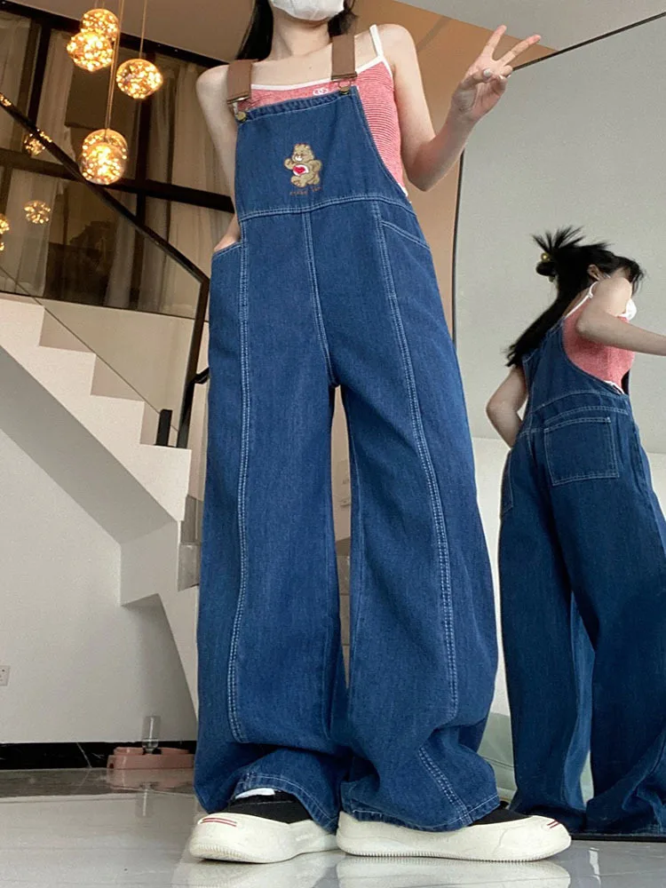 New Cartoon Bear Denim Macacões Mulheres Y2K Macacão Baggy Feminino Vintage Solto Straight Wide-leg Jumpsuit One Piece Outfit