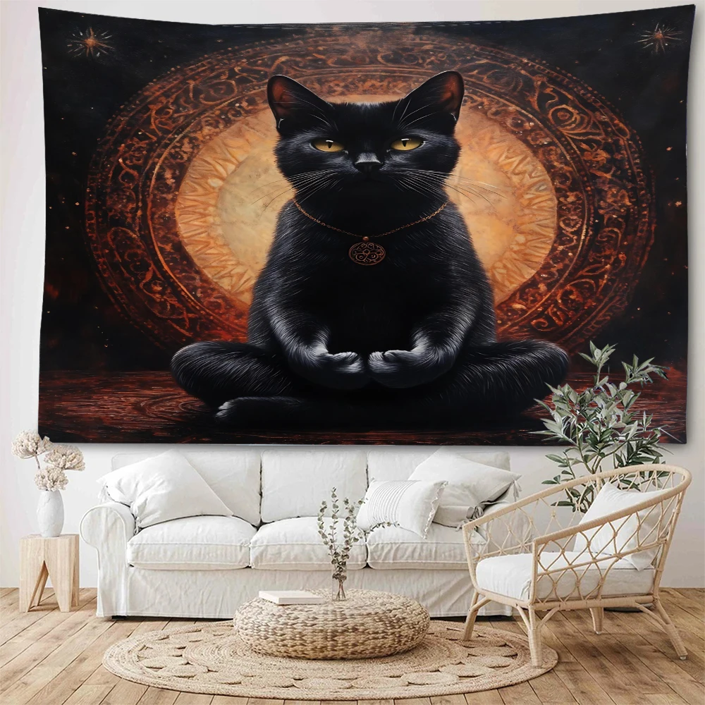 

Psychedelic cute black kitten Mi, ancient Egyptian mythology cat background decoration tapestry, home decoration tapestry