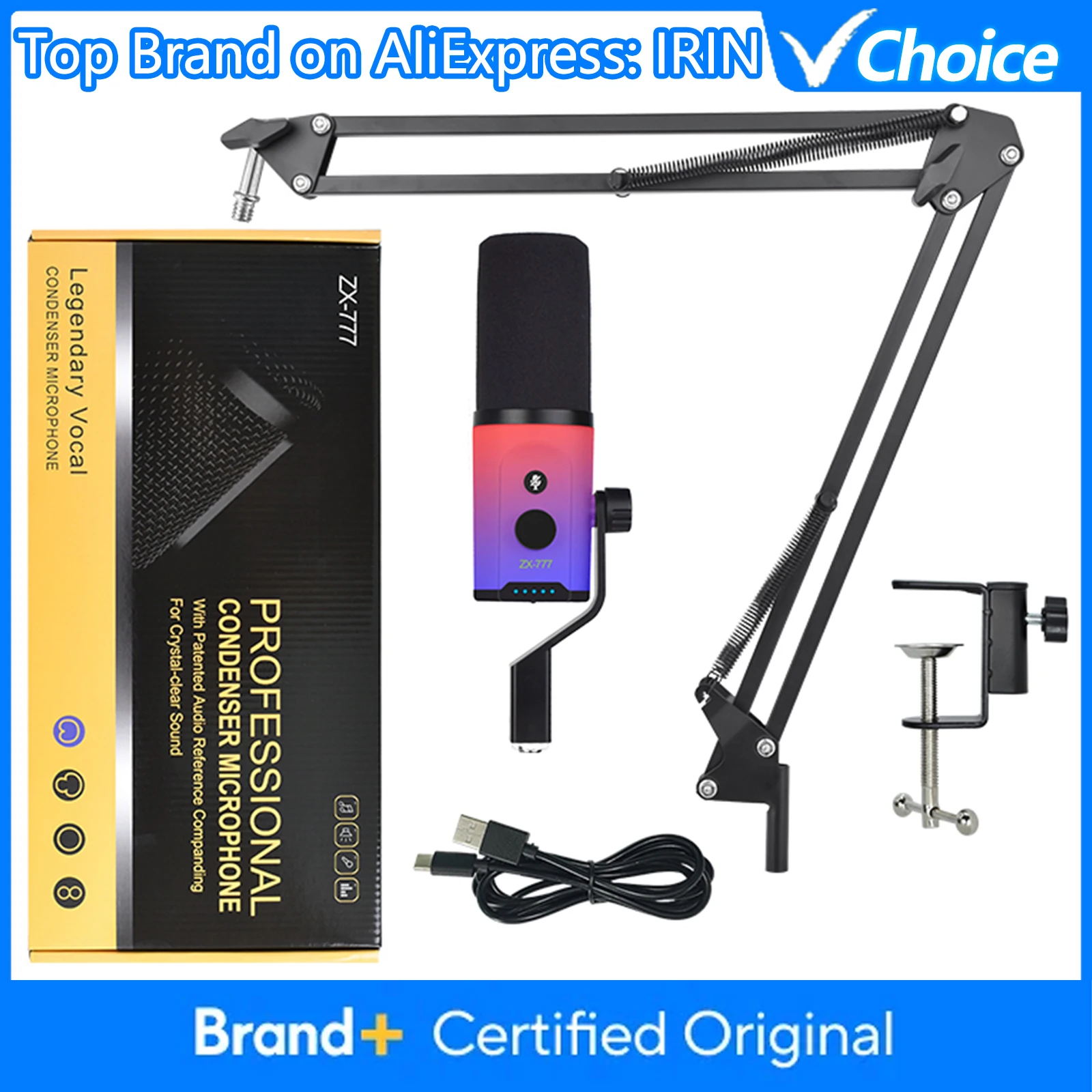 

IRIN ZX-777Pro Condenser Microphone Professional USB/XLR Streaming Microphone with Boom Arm for Live Gaming Streaming Podcast