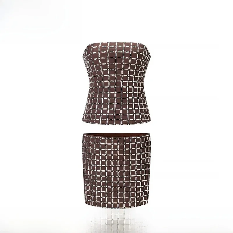 

EVEA New Women's Fashion Diamond Embellished Two-Piece Set Short Length Spring Season European Style Adult Plaid Pattern