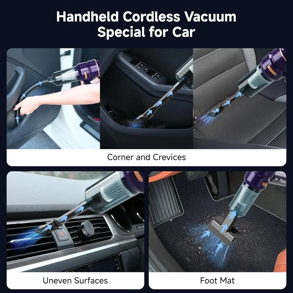 Portable Cordless Handheld Vacuum for Cars and Home with LED Light, Powerful Suction for Pet Hair (Navy)