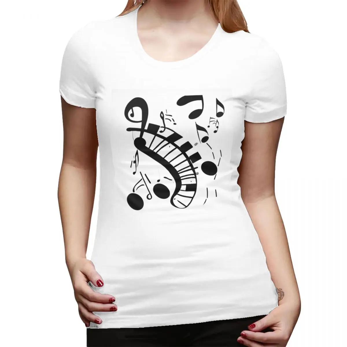 

Abstract Piano Keys With Musical Notes T-Shirt for Women Round Neck Streetwear T Shirts Women's Short Sleeve Summer Clothes Tops