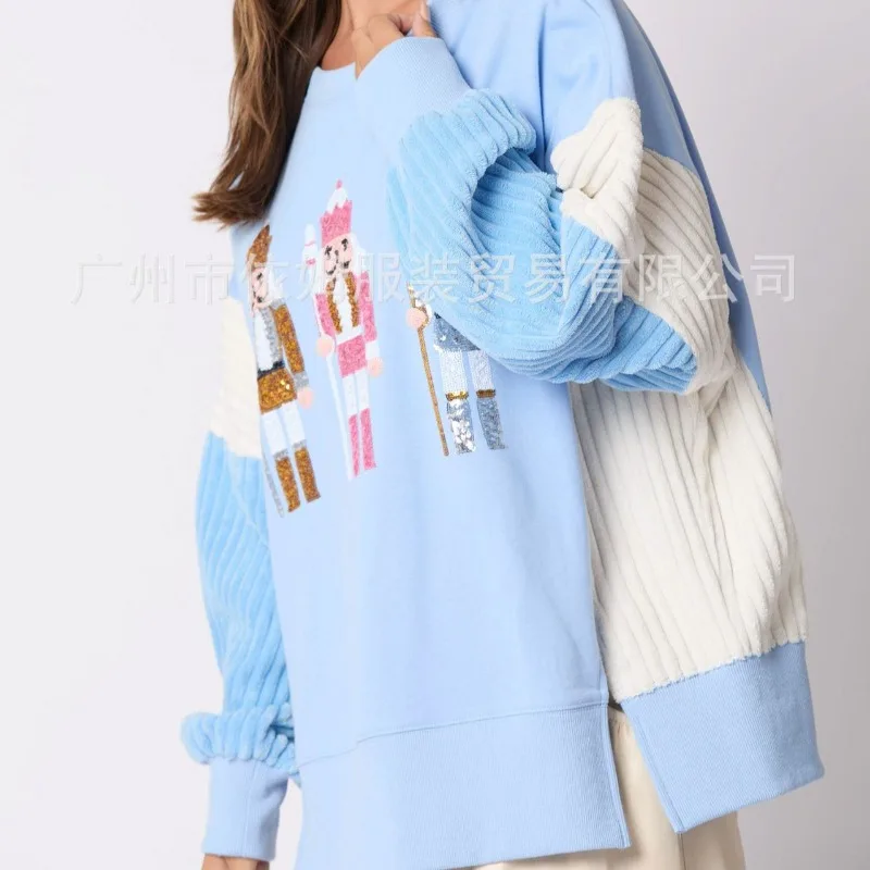 Glitter Christmas Soldier Hoodies Vintage Tshirt Harajuku Long Sleeve Streetwear Women Clothes Christmas Top 2025 Autumn Winter