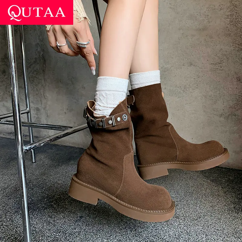 

QUTAA 2025 News Women Ankle Boots Leather Cowboy Autumn Western Winter Shoes Short Boots Low heel Woman Lady Size 34-40