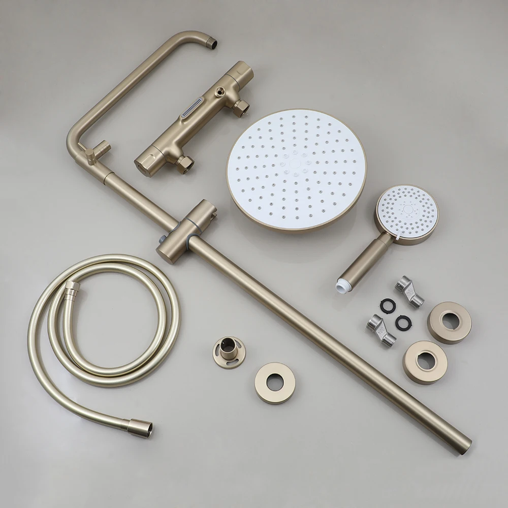 Torayvino Thermostatic Brushed Gold Shower Bathroom Faucet Hand Shower Sprayer Wall Mounted Rainfall Shower Mixer Tap Set