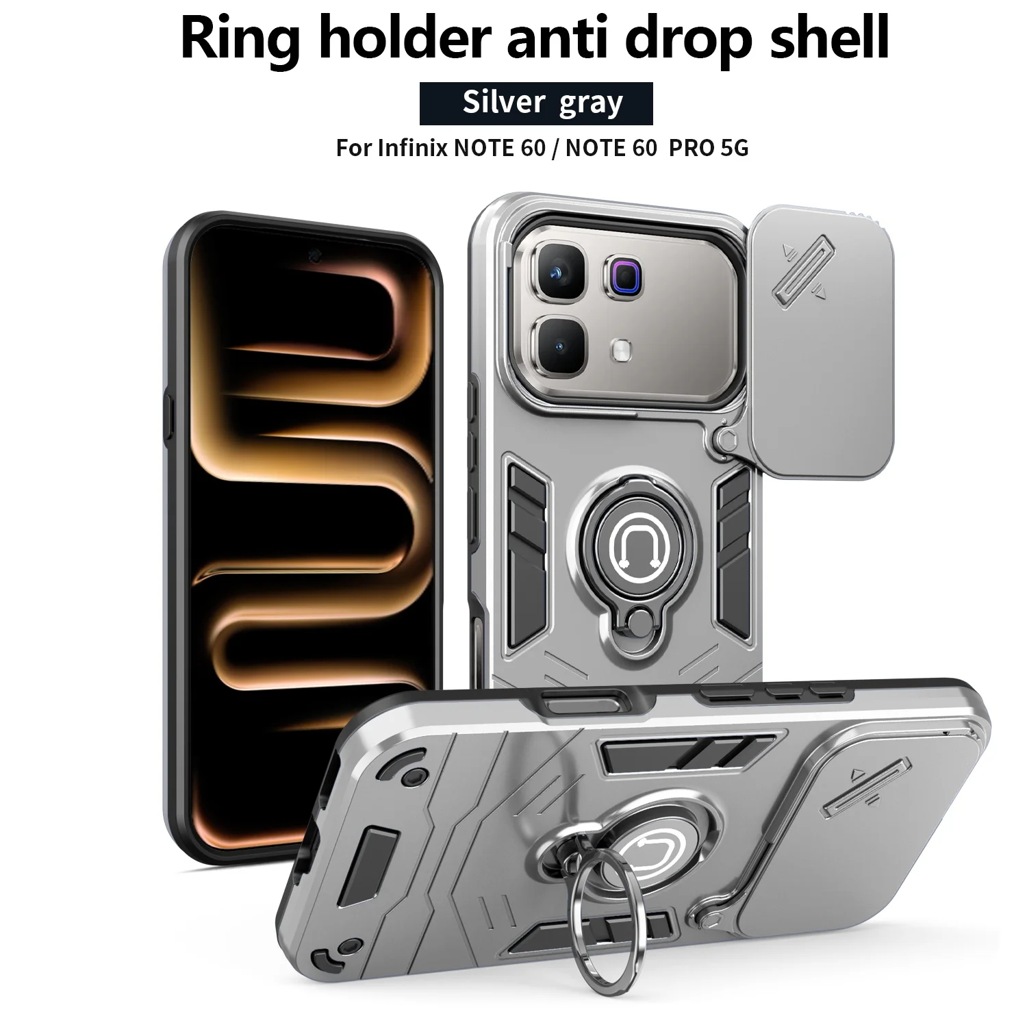 Rugged Armor Shockproof Case For Infinix Note 60 Pro Edge 5G X6887 Smart 20 X6840 Sliding Window Metal Ring Holder Phone Cover