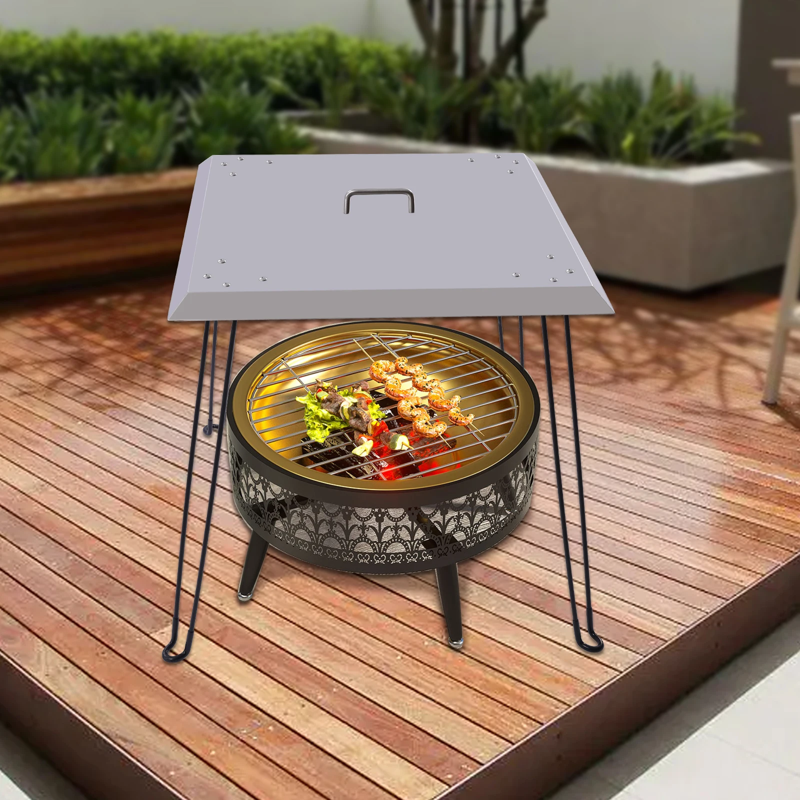 

Portable Square Fire Pit Heat Deflector Cover Stainless Steel Fire Pit LidPicnic StainleSS Steel With Carrying Handle