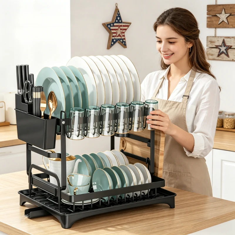 

2-Tier Large Capacity Metal Kitchen Dish Drying Rack, Lockable Tableware Stand with Drainage