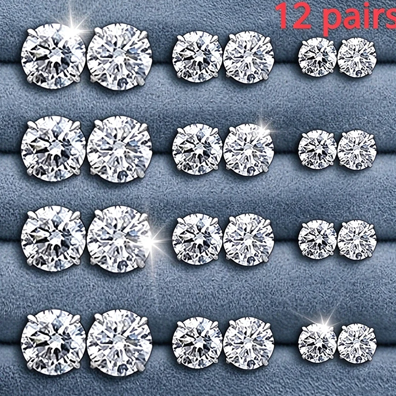 Stainless Steel Silver Color Round CZ Stud Earrings Set 12Pairs Minimalist Solitaire Unisex Hypoallergenic Fashion Jewelry Gift