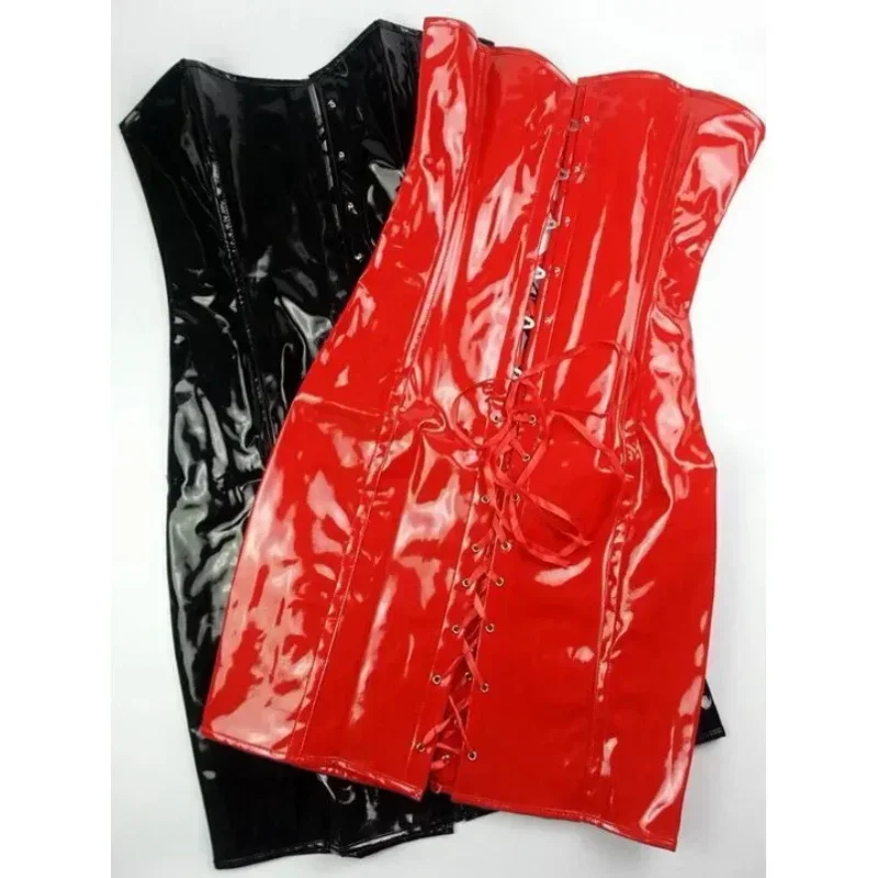 Goede Kwaliteit Zwart Rood Gothic Wetlook Vinyl Pvc Jurk Sexy Vrouwen Lichaam Slank Korset Jurk Nachtclub Ds Faux Lederen Jurken