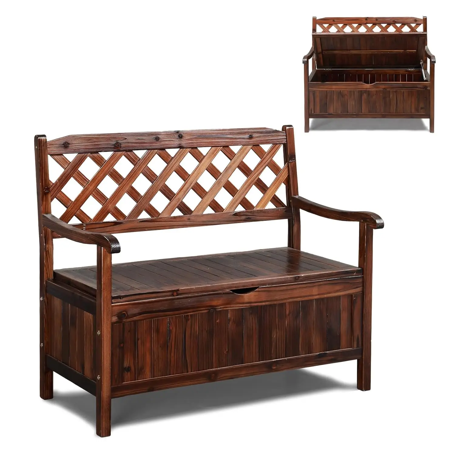 

Outdoor Storage Bench, Large Wood Deck Box with Seating, Weatherproof Outdoor Bench with Storage Loveseat, 2-Person Wooden Patio