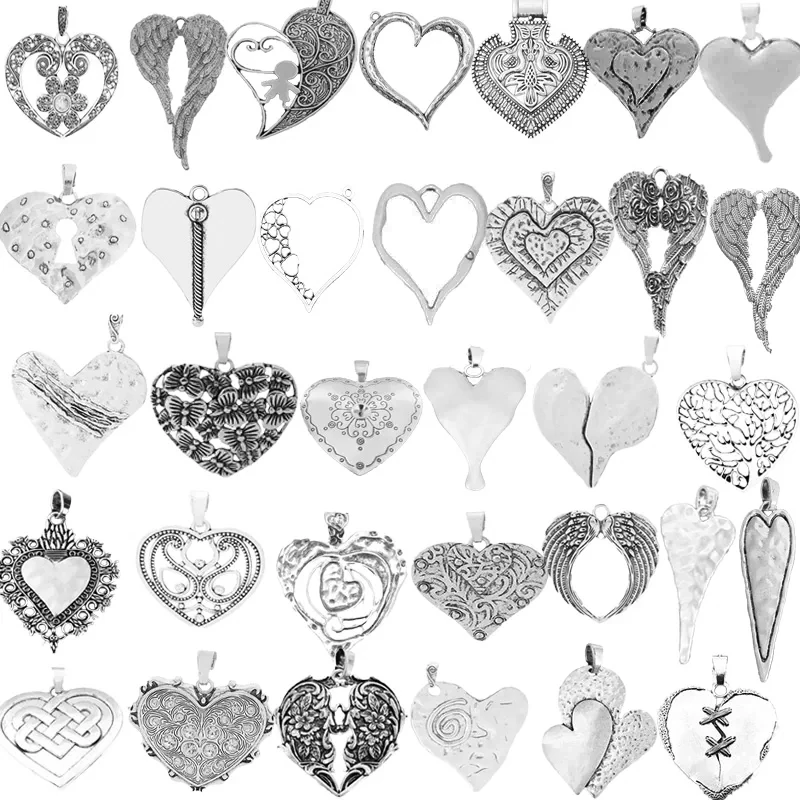 2pcs Antique Silver Bohemian Mix Large Hammered Heart Charms Pendants for DIY Necklace Jewelry Making Findings