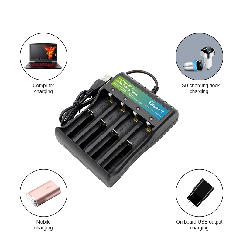 Cargador de batería de iones de litio con 4 ranuras USB, Cargador Universal independiente para batería de litio 18500 18350 16650 16340 14650 14500