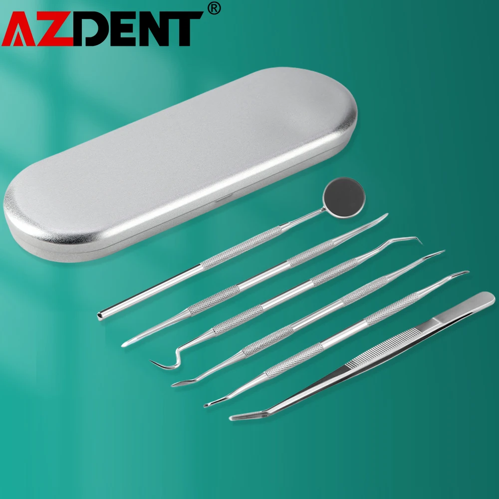 6pcs Azdent Dental Cleaning Tools Kit Stainless Steel Teeth Scraper Mouth Mirror Tweezer Dentistry Probe Tooth Care Instrument