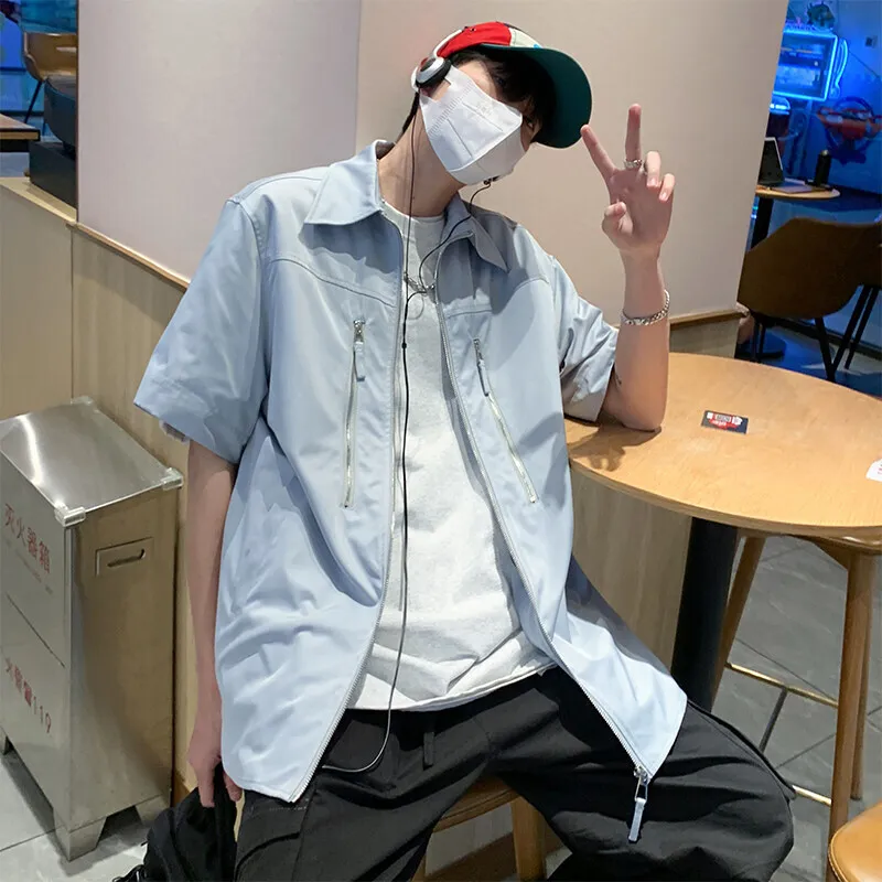 Summer Short Sleeved Shirt Men Oversized Black Casual Shirt Men Streetwear Korean Loose Zipper Shirt Mens Hawaiian Shirts