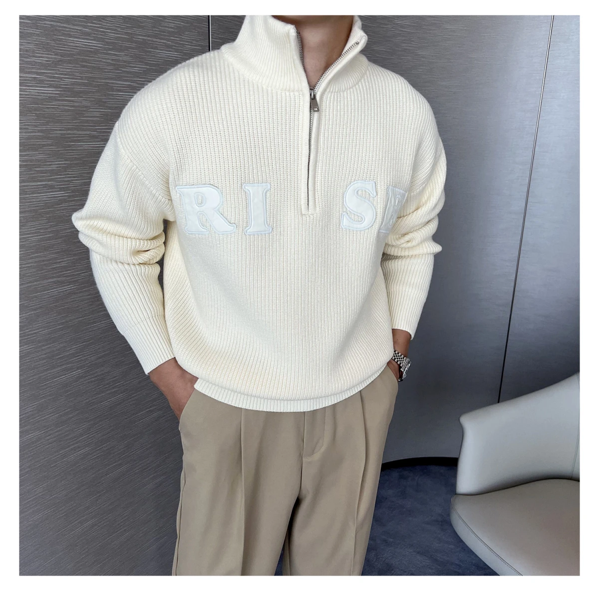 2025 Winter Warm Half Turtleneck Zipper Knitted Sweater Men Korean Fashion Embroidery Letter Logo Loose Casual Pullover Men