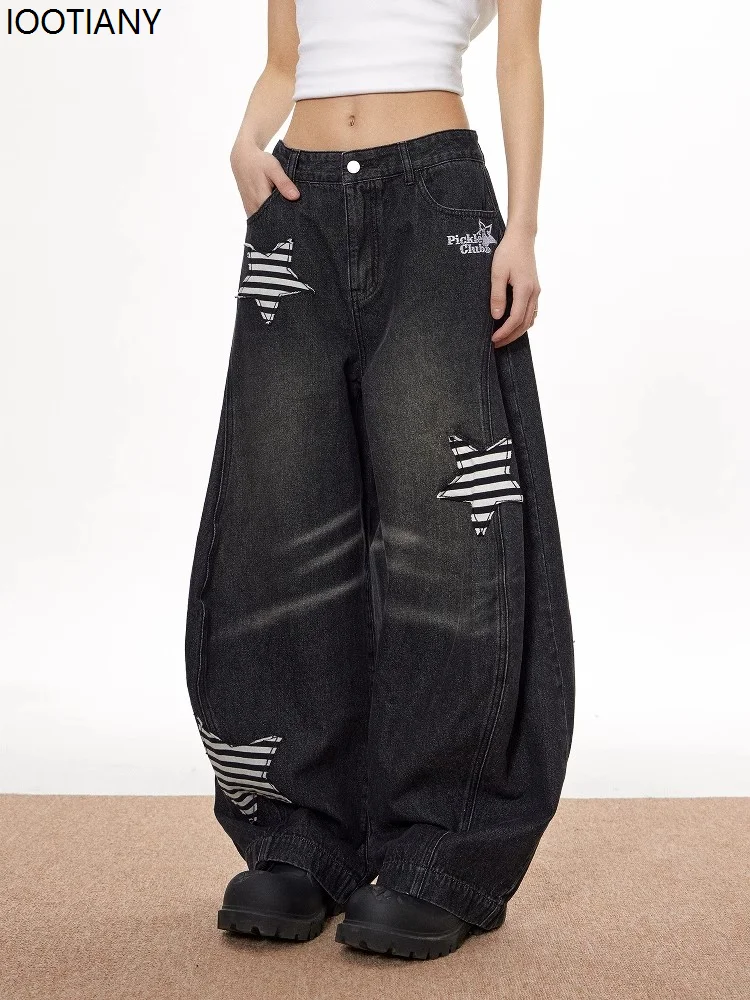 American Retro Jeans Five-pointed Star Rabbit Ears Hip-hop Loose Wide-leg Jeans Women's Slim Trend Y2k All-match Mopping Pants
