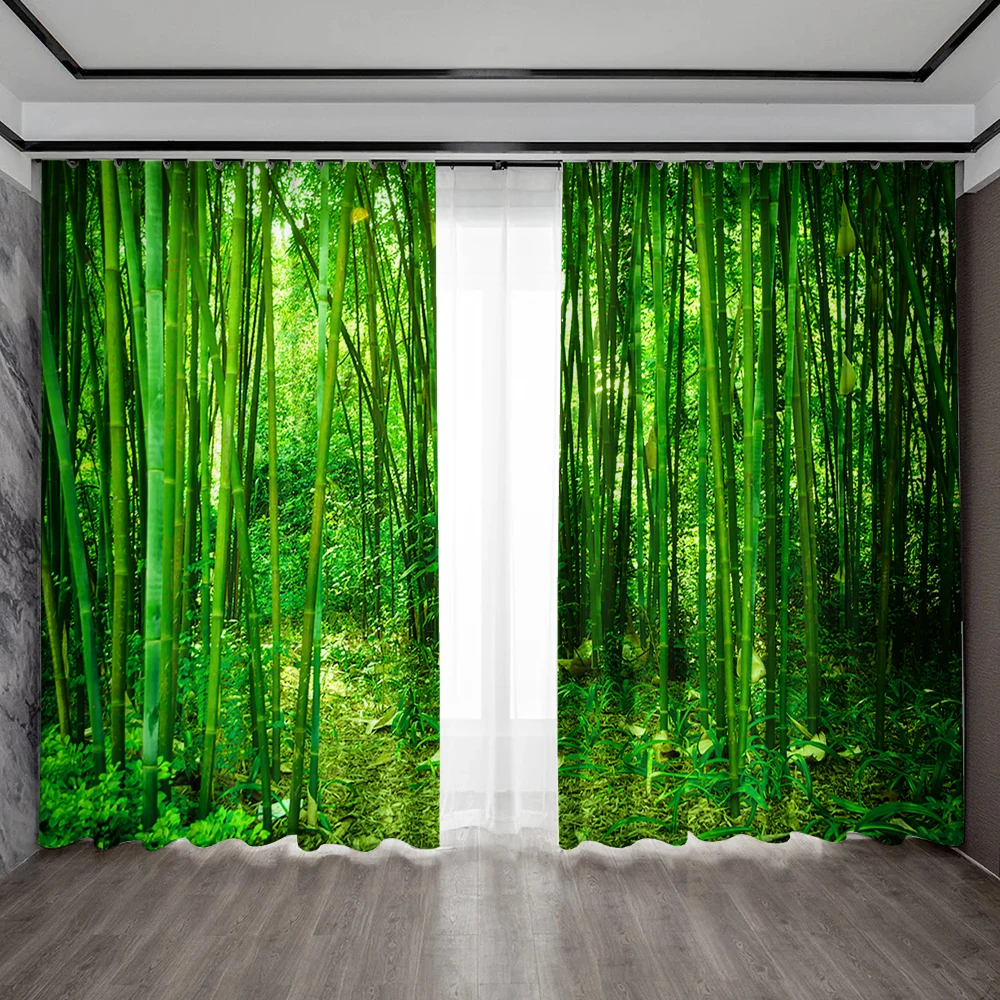 2PC Home Decoration Screen Curtain Green Forest Landscape Screen Curtain Suitable For Kitchen, Cafe, Living Room, Balcony